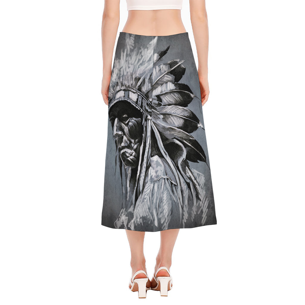 Monochrome Native Indian Portrait Print Side Slit Midi Skirt