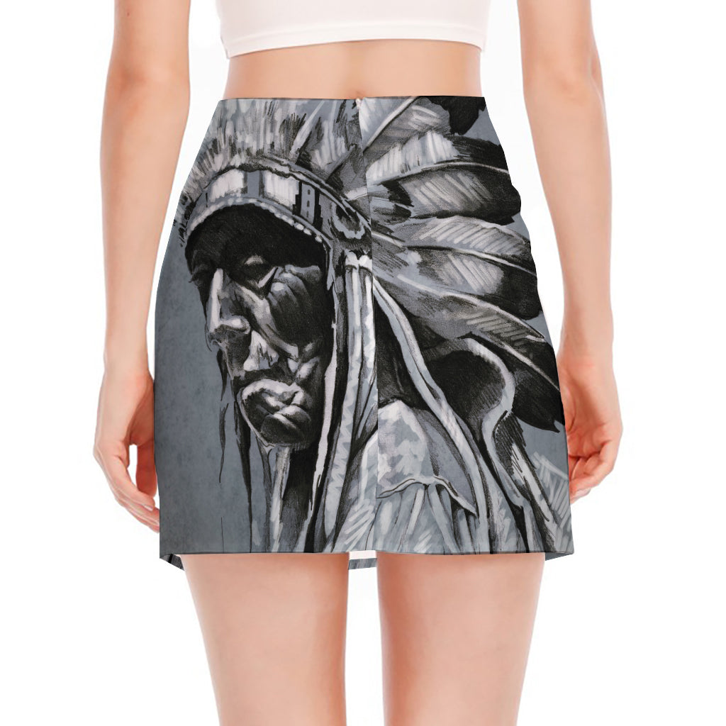 Monochrome Native Indian Portrait Print Side Slit Mini Skirt