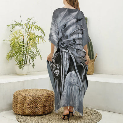 Monochrome Native Indian Portrait Print Silk V-Neck Kaftan Dress
