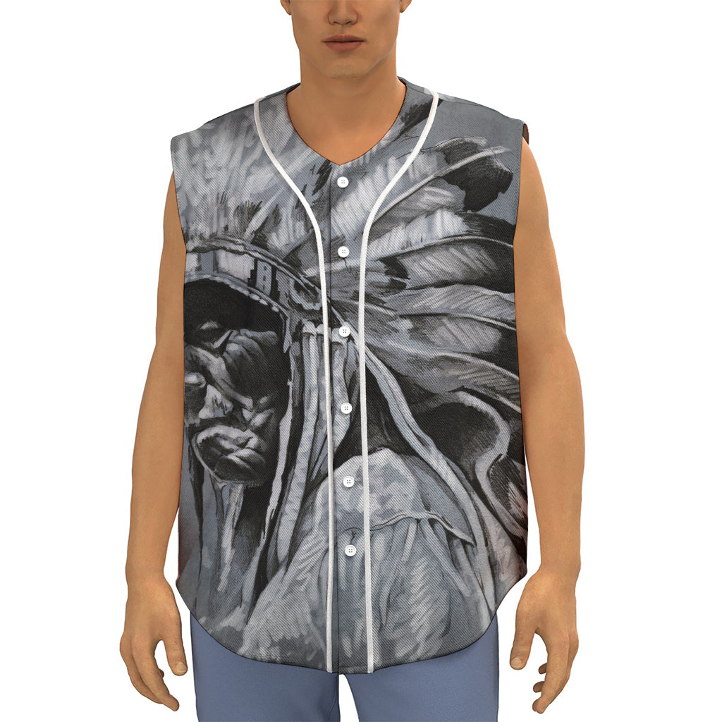 Monochrome Native Indian Portrait Print Sleeveless Baseball Jersey