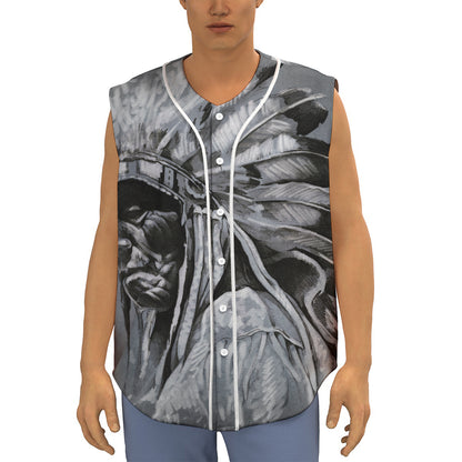 Monochrome Native Indian Portrait Print Sleeveless Baseball Jersey