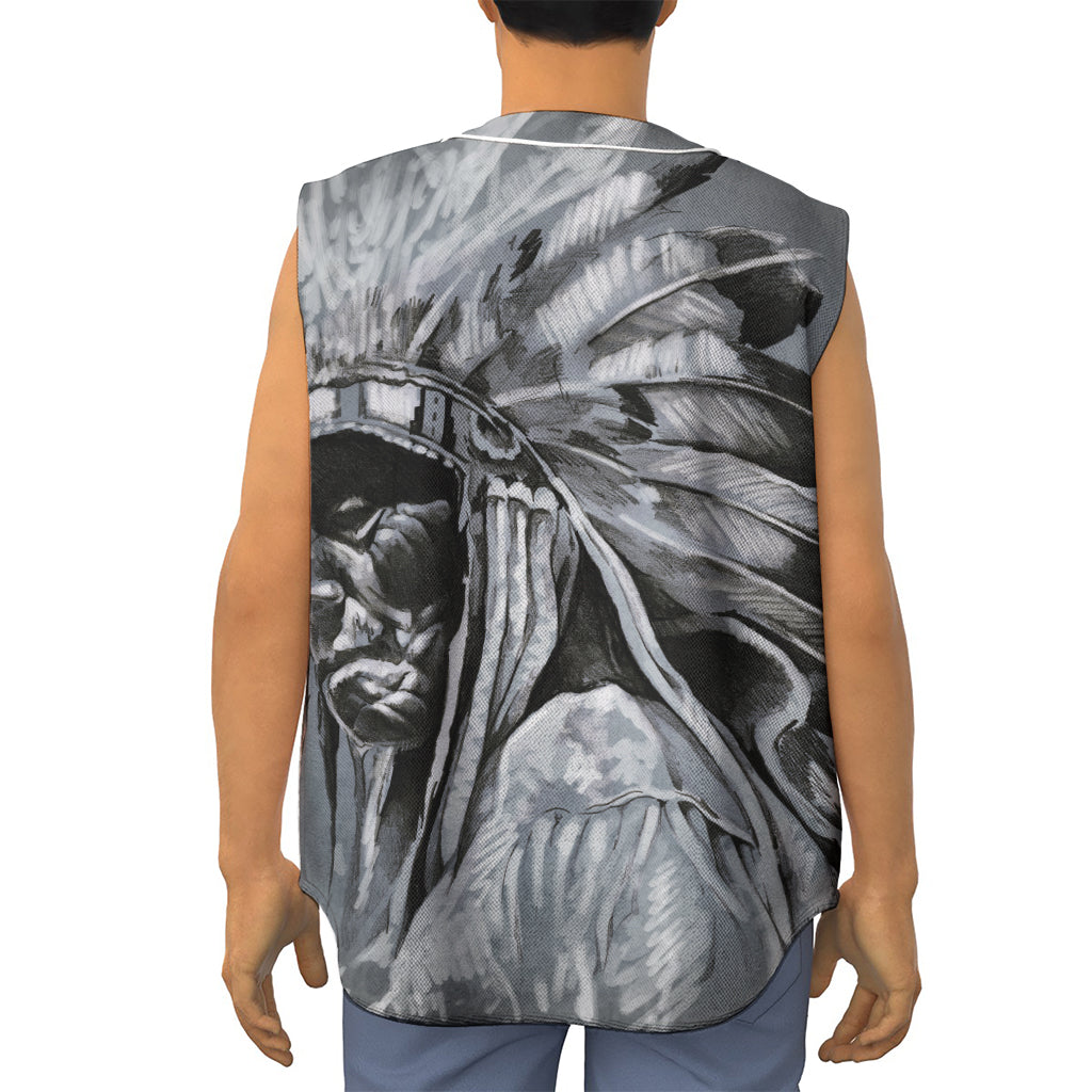Monochrome Native Indian Portrait Print Sleeveless Baseball Jersey