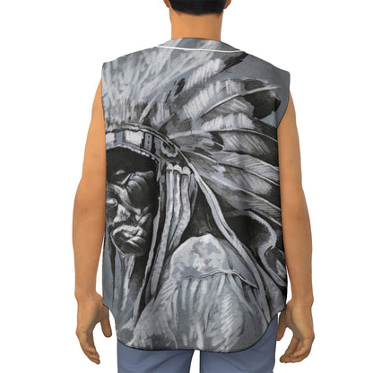 Monochrome Native Indian Portrait Print Sleeveless Baseball Jersey