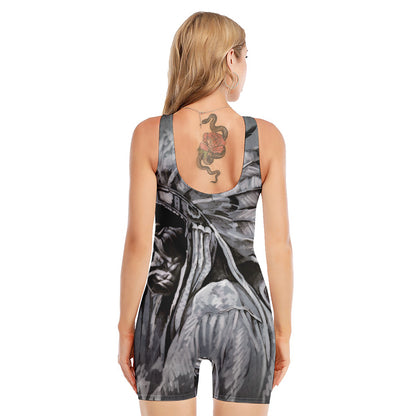 Monochrome Native Indian Portrait Print Sleeveless One Piece Swimsuit