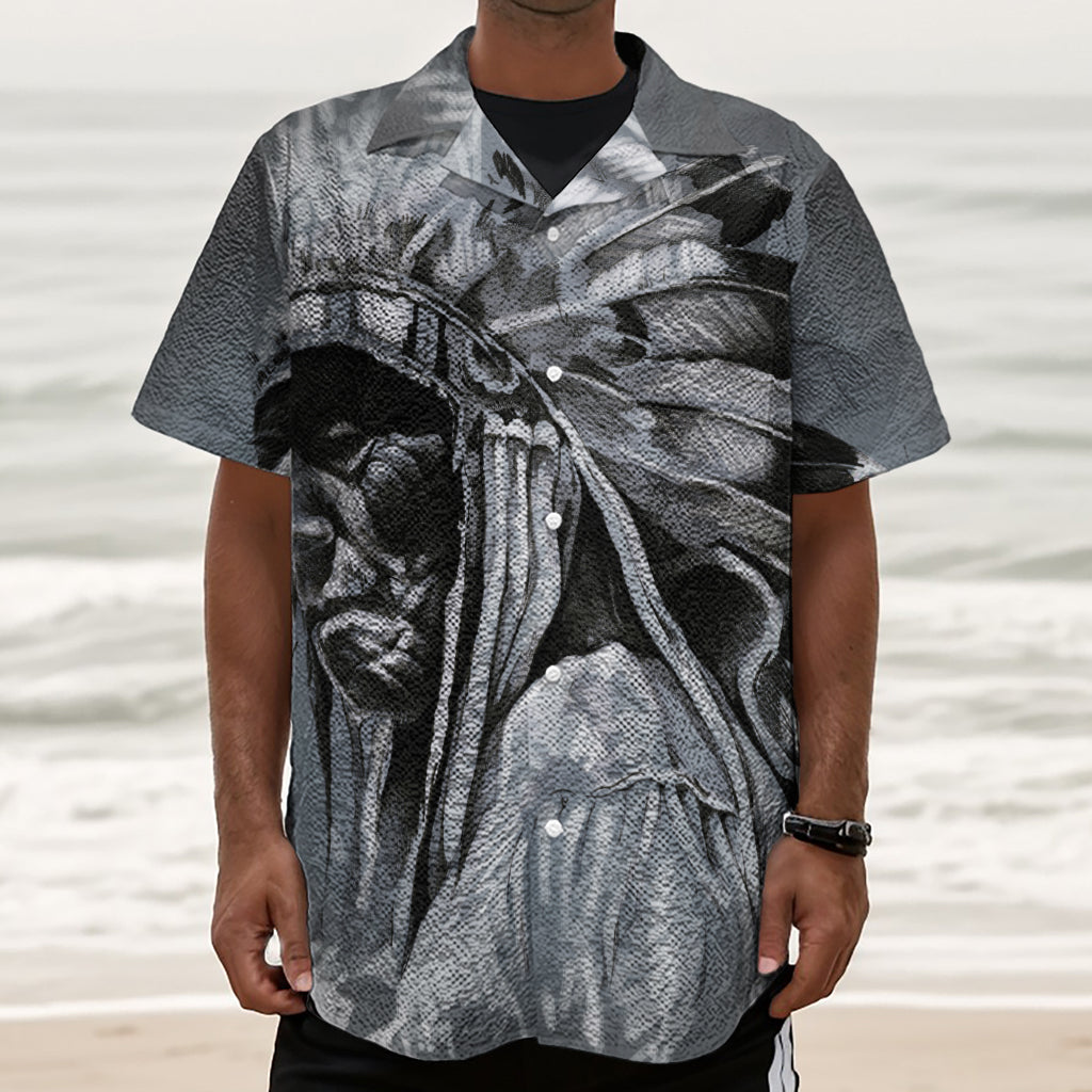 Monochrome Native Indian Portrait Print Textured Short Sleeve Shirt