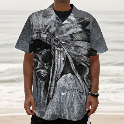 Monochrome Native Indian Portrait Print Textured Short Sleeve Shirt