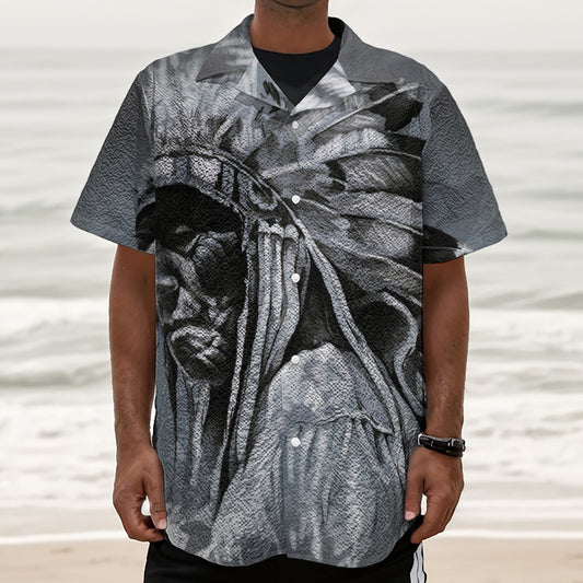 Monochrome Native Indian Portrait Print Textured Short Sleeve Shirt