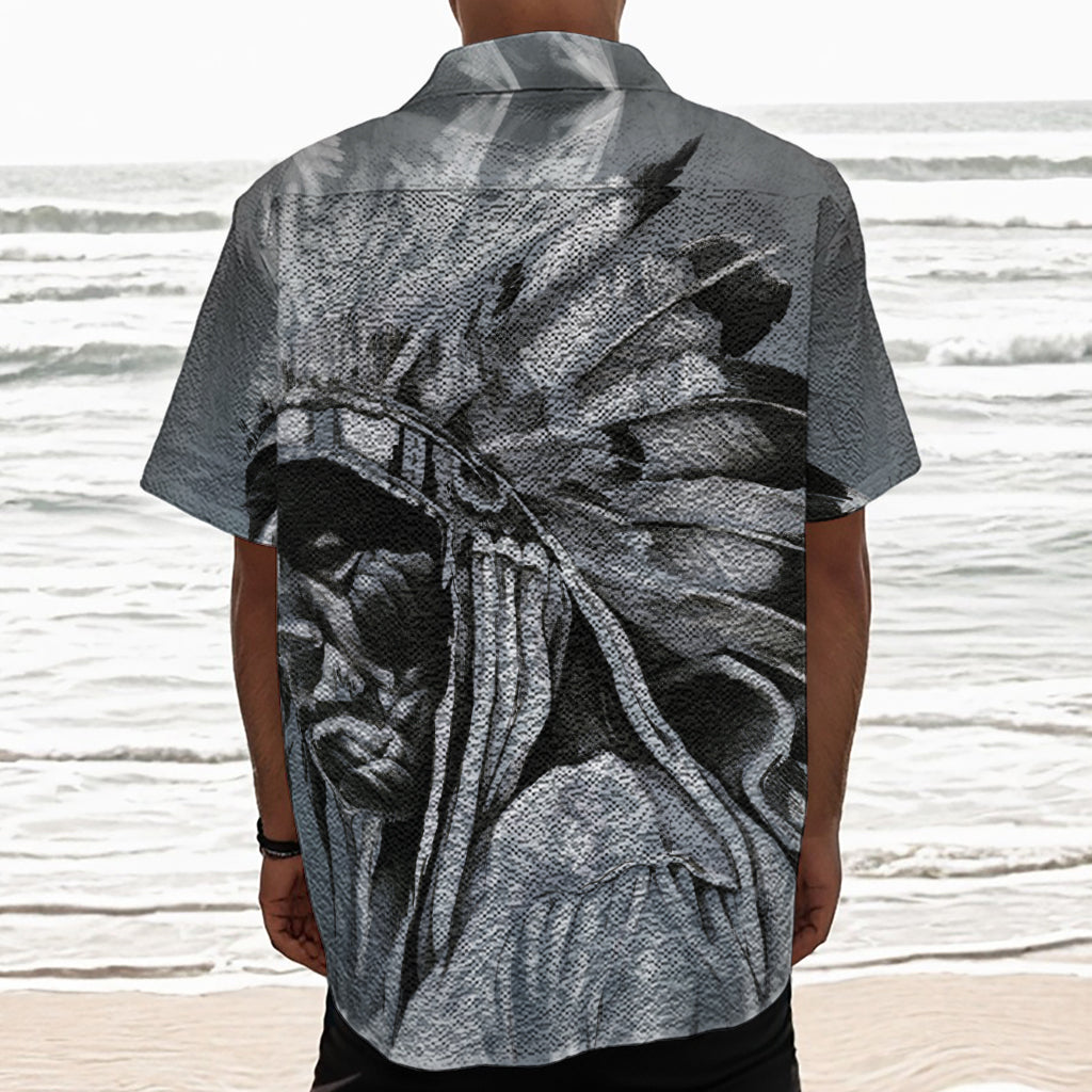 Monochrome Native Indian Portrait Print Textured Short Sleeve Shirt
