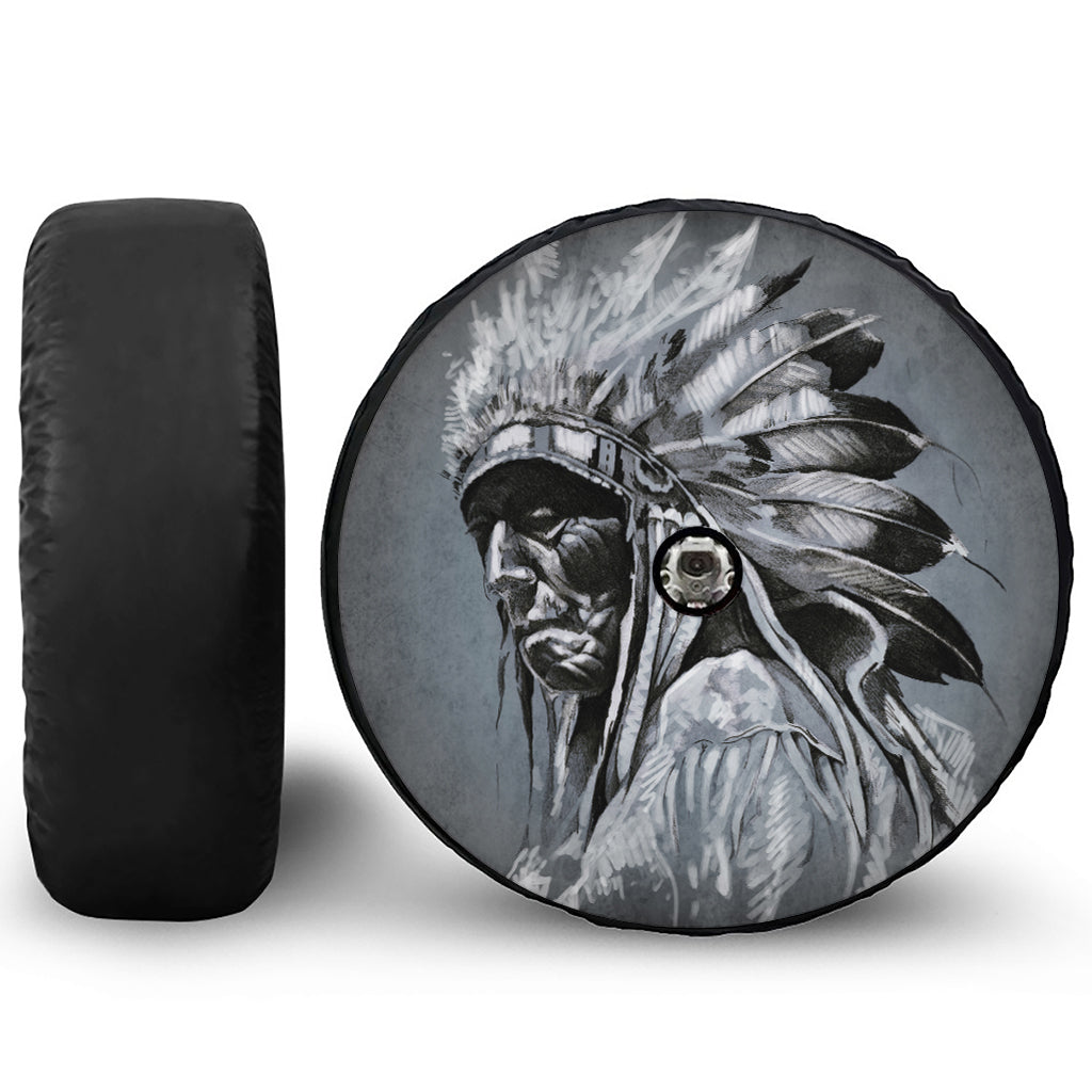 Monochrome Native Indian Portrait Print Tire Cover With Camera Hole