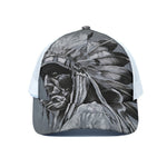 Monochrome Native Indian Portrait Print White Mesh Trucker Cap