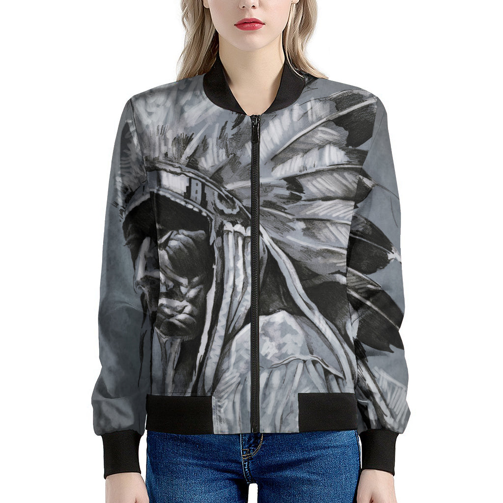 Monochrome Native Indian Portrait Print Women's Bomber Jacket