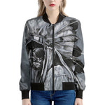 Monochrome Native Indian Portrait Print Women's Bomber Jacket
