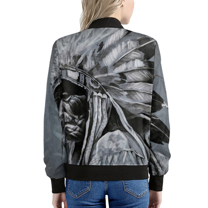Monochrome Native Indian Portrait Print Women's Bomber Jacket