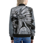 Monochrome Native Indian Portrait Print Women's Bomber Jacket