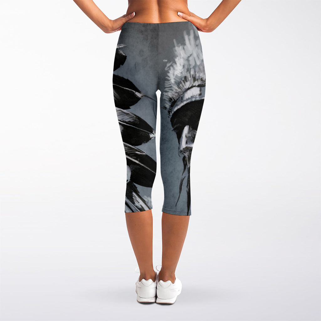 Monochrome Native Indian Portrait Print Women's Capri Leggings
