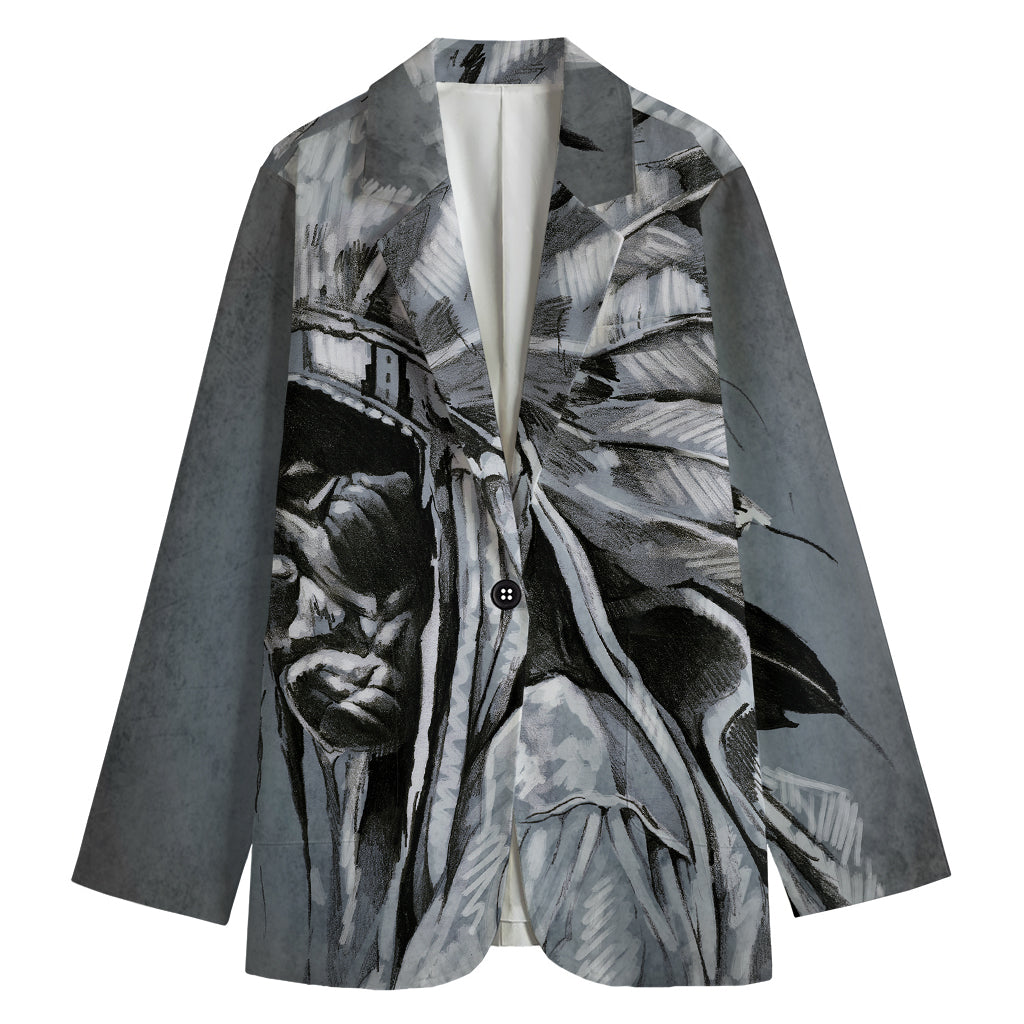 Monochrome Native Indian Portrait Print Women's Cotton Blazer
