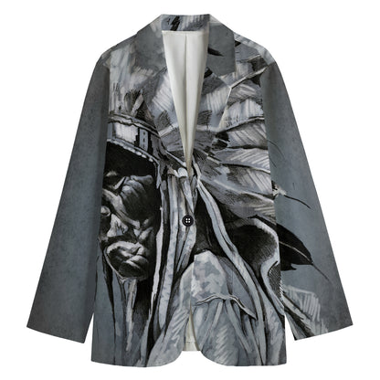 Monochrome Native Indian Portrait Print Women's Cotton Blazer
