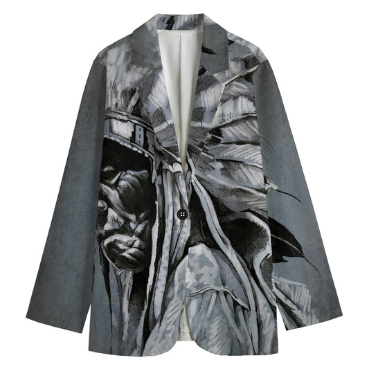 Monochrome Native Indian Portrait Print Women's Cotton Blazer