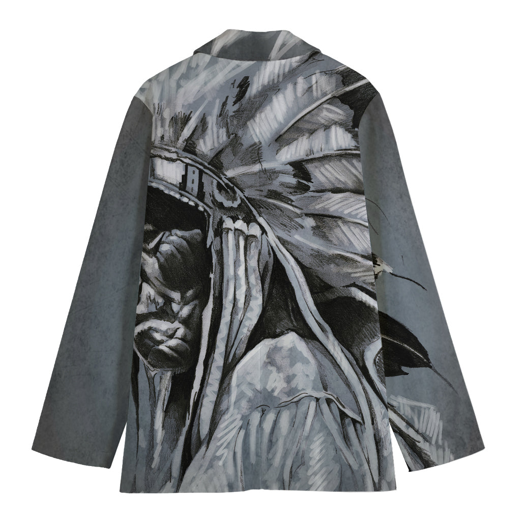 Monochrome Native Indian Portrait Print Women's Cotton Blazer