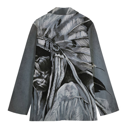 Monochrome Native Indian Portrait Print Women's Cotton Blazer