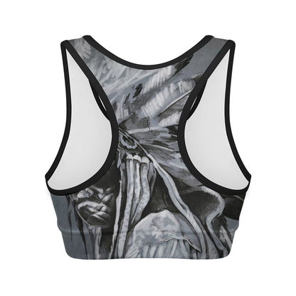 Monochrome Native Indian Portrait Print Women's Sports Bra