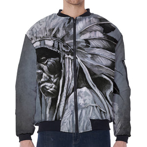 Monochrome Native Indian Portrait Print Zip Sleeve Bomber Jacket