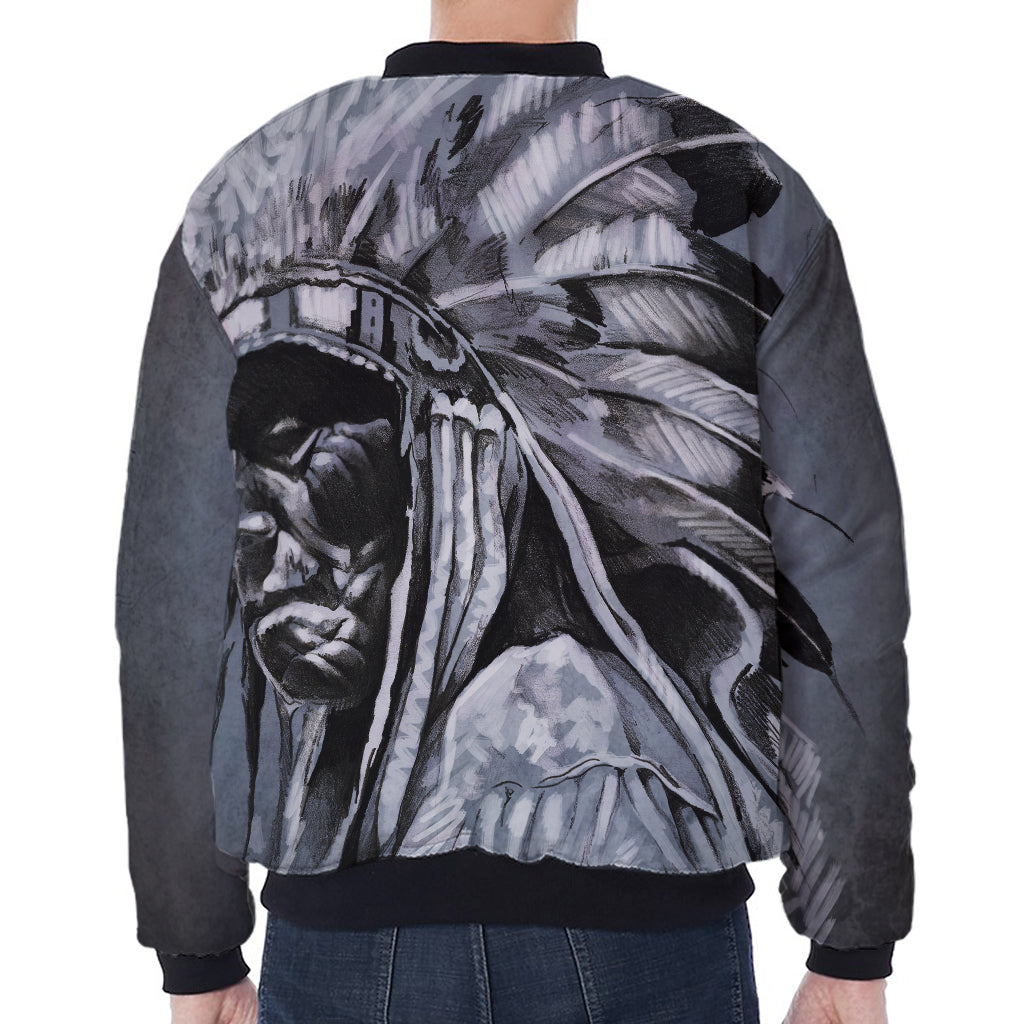 Monochrome Native Indian Portrait Print Zip Sleeve Bomber Jacket