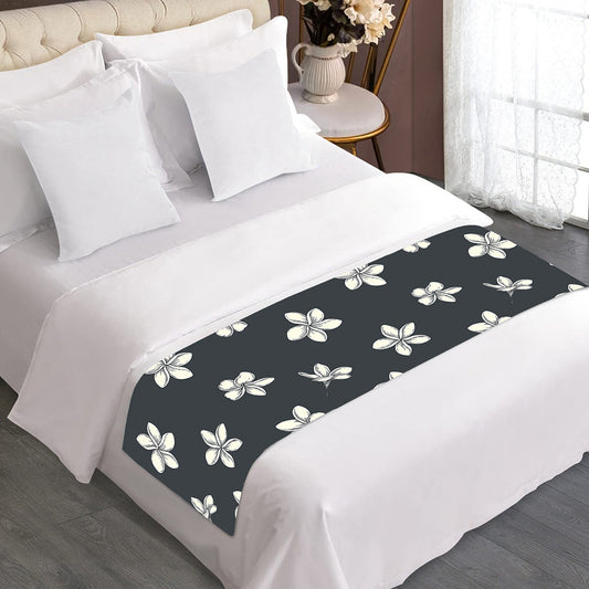 Monochrome Plumeria Pattern Print Bed Runner