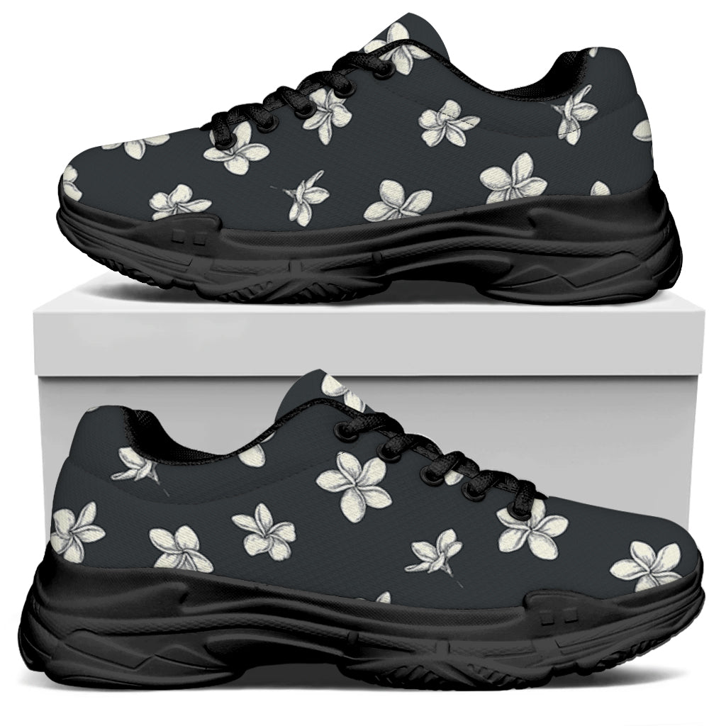 Monochrome Plumeria Pattern Print Black Chunky Shoes