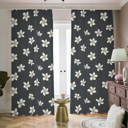 Monochrome Plumeria Pattern Print Blackout Pencil Pleat Curtains