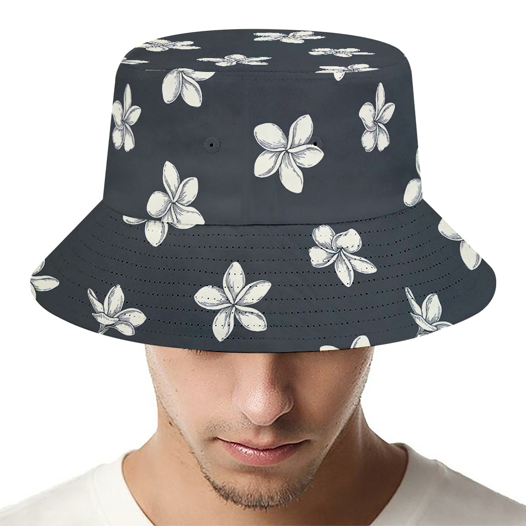 Monochrome Plumeria Pattern Print Bucket Hat