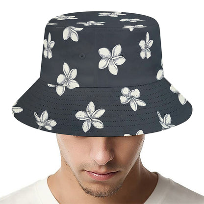 Monochrome Plumeria Pattern Print Bucket Hat