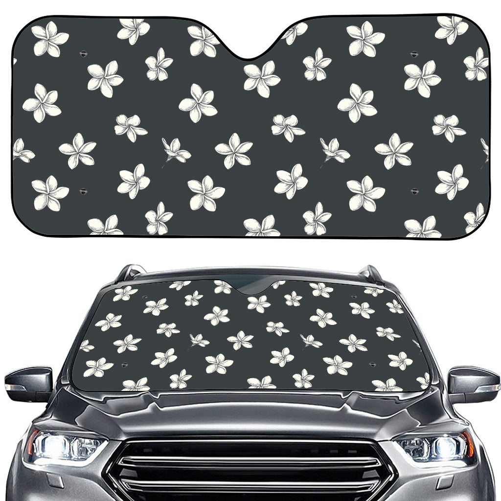 Monochrome Plumeria Pattern Print Car Windshield Sun Shade