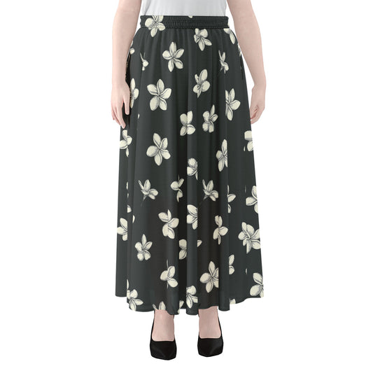 Monochrome Plumeria Pattern Print Chiffon Maxi Skirt