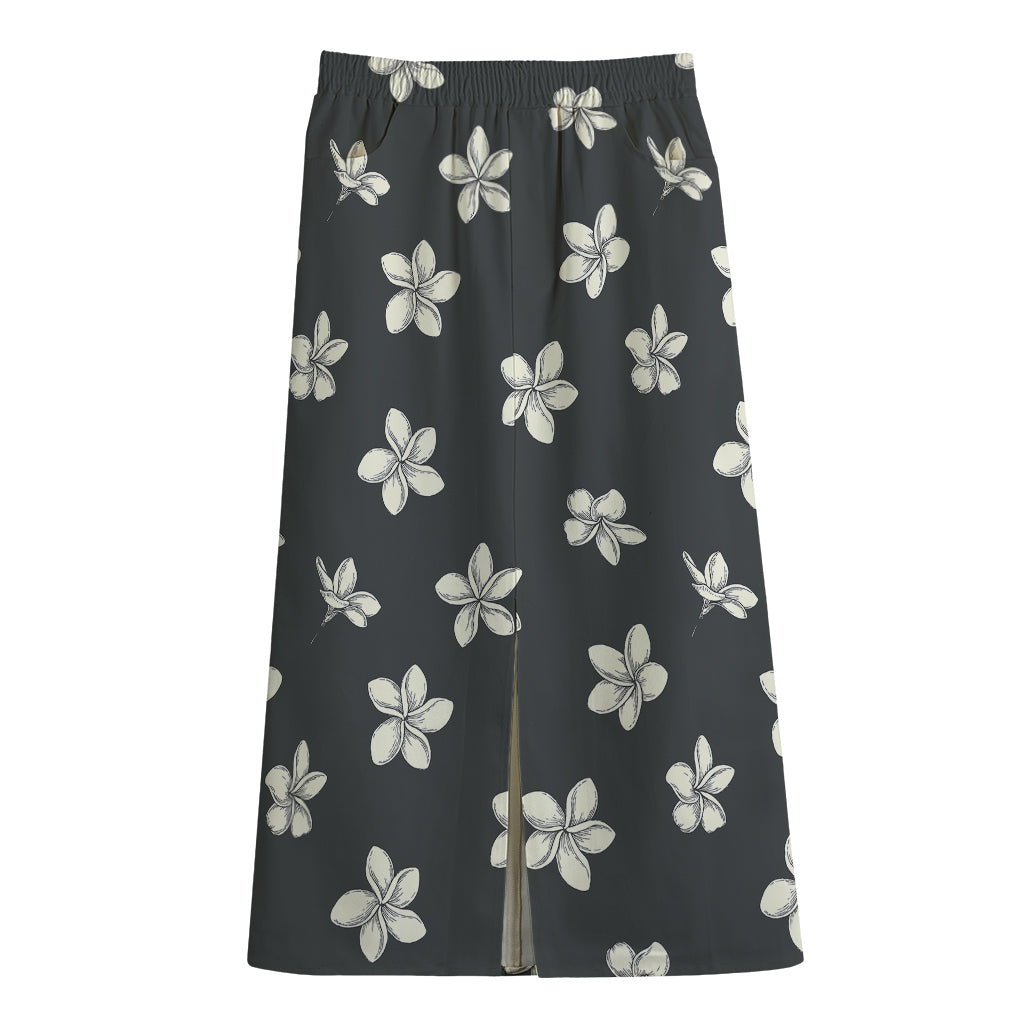 Monochrome Plumeria Pattern Print Cotton Front Slit Maxi Skirt