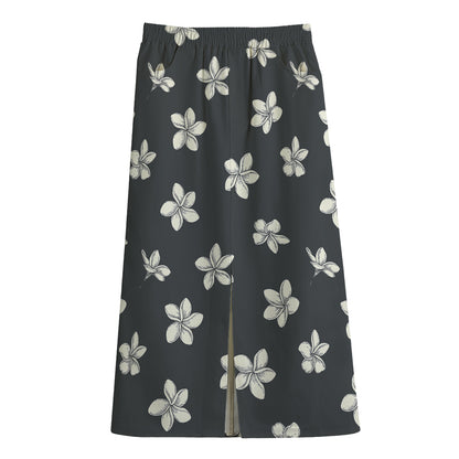 Monochrome Plumeria Pattern Print Cotton Front Slit Maxi Skirt
