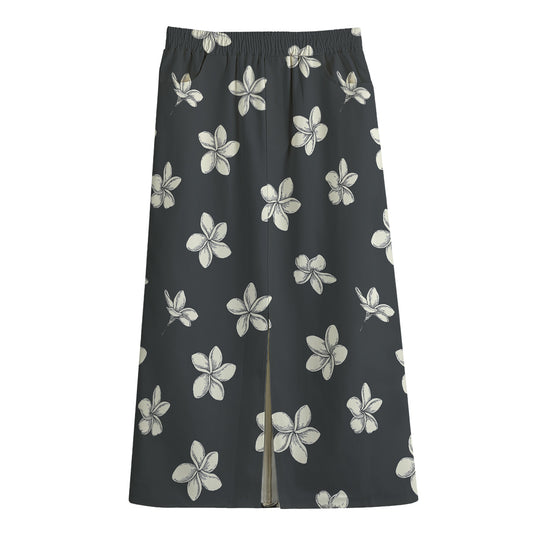 Monochrome Plumeria Pattern Print Cotton Front Slit Maxi Skirt