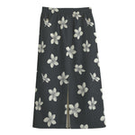 Monochrome Plumeria Pattern Print Cotton Front Slit Maxi Skirt