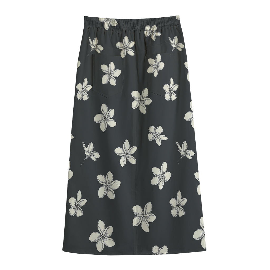 Monochrome Plumeria Pattern Print Cotton Front Slit Maxi Skirt