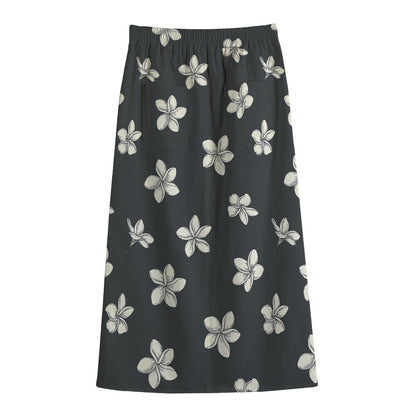 Monochrome Plumeria Pattern Print Cotton Front Slit Maxi Skirt