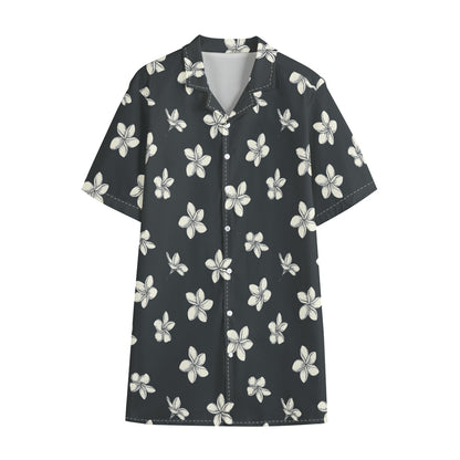 Monochrome Plumeria Pattern Print Cotton Hawaiian Shirt