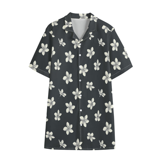 Monochrome Plumeria Pattern Print Cotton Hawaiian Shirt
