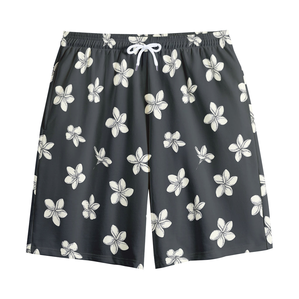 Monochrome Plumeria Pattern Print Cotton Shorts
