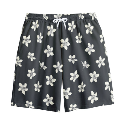 Monochrome Plumeria Pattern Print Cotton Shorts