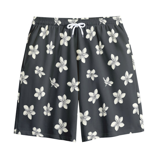 Monochrome Plumeria Pattern Print Cotton Shorts