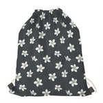 Monochrome Plumeria Pattern Print Drawstring Bag
