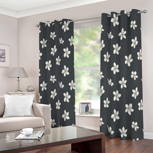 Monochrome Plumeria Pattern Print Extra Wide Grommet Curtains