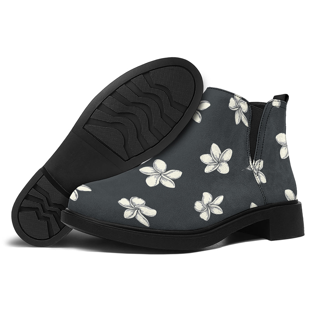Monochrome Plumeria Pattern Print Flat Ankle Boots