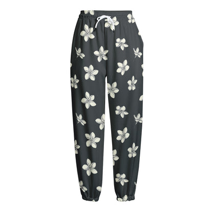 Monochrome Plumeria Pattern Print Fleece Lined Knit Pants