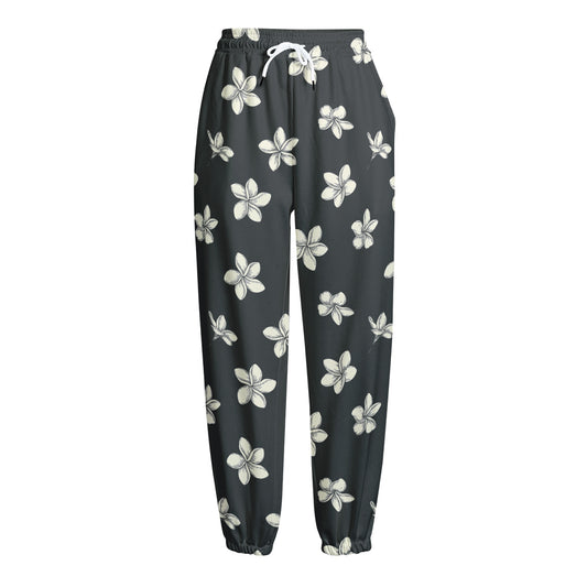Monochrome Plumeria Pattern Print Fleece Lined Knit Pants